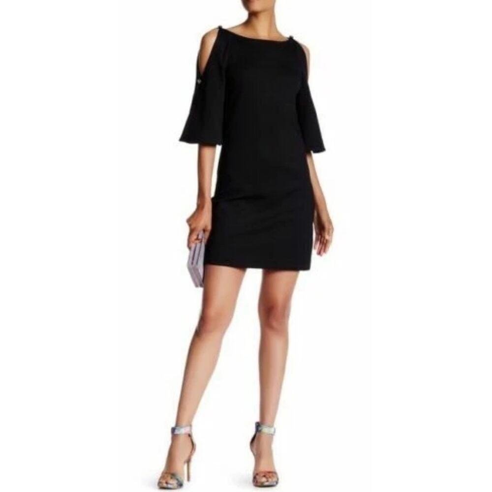 TRINA TURK Crawford Black Ponte Knit Cold Shoulder Bell Sleeve Dress Size 2